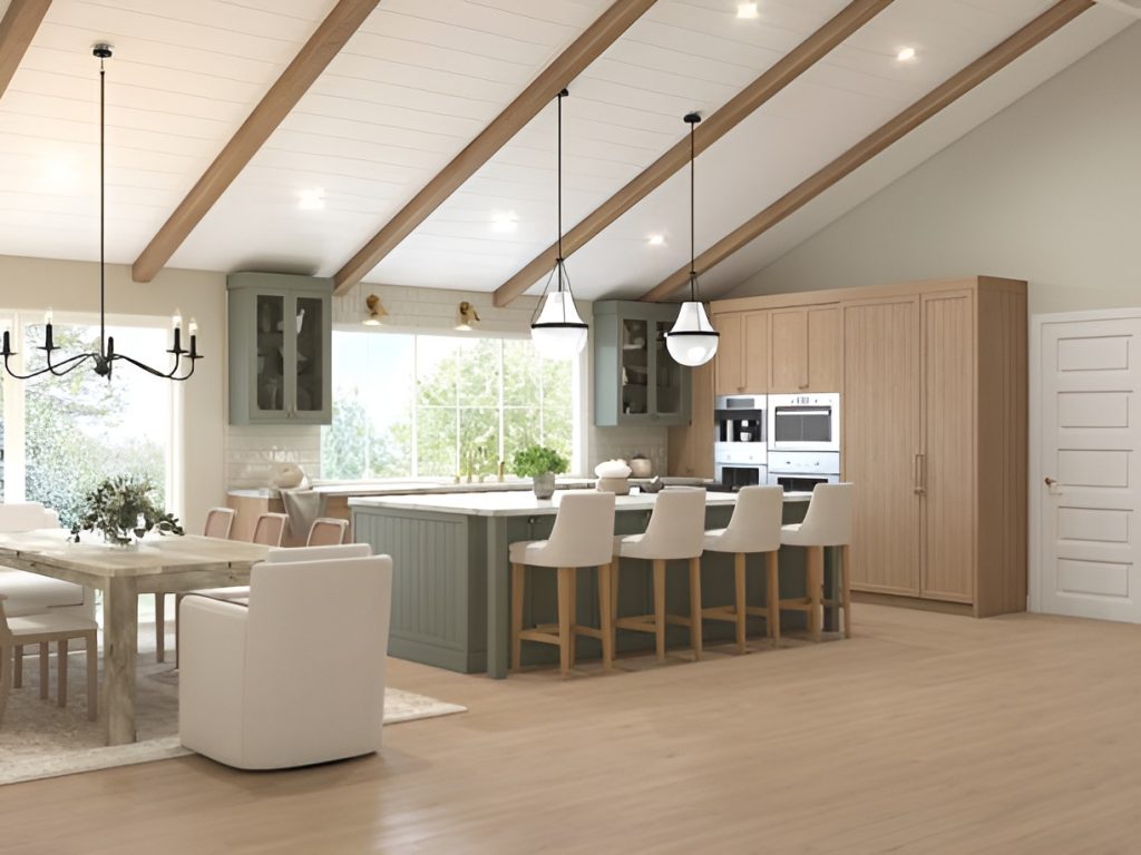 kitchen with oak cabinets and modern lighting above a kitchen island