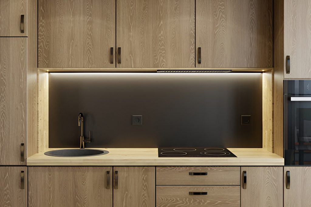 oak cabinets with under lighting